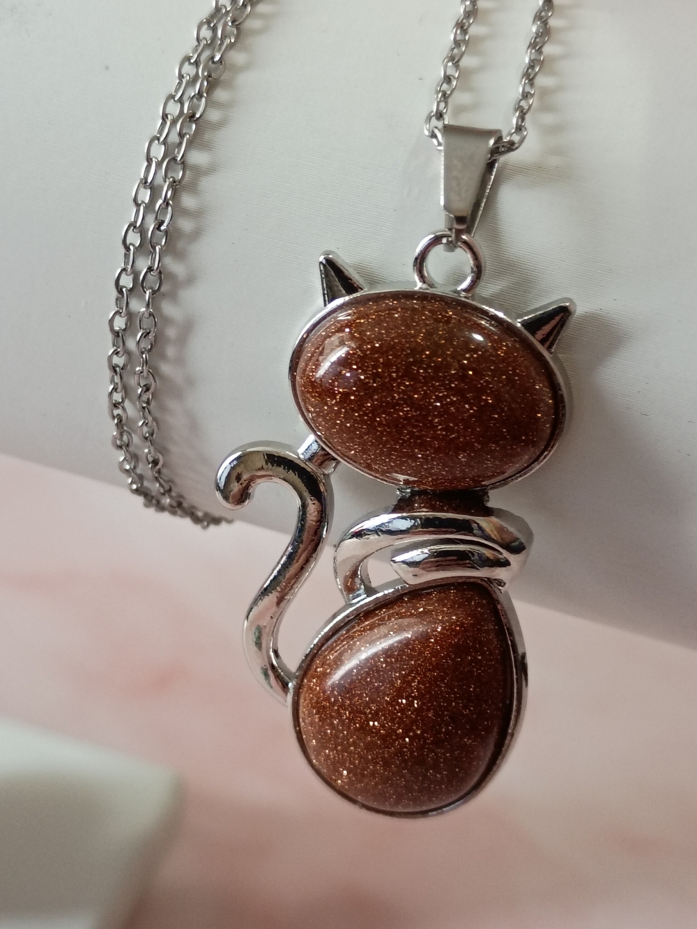 Red Sand Natural Crystal Gemstone Cat Pendant Necklace 18in Stainless Steel